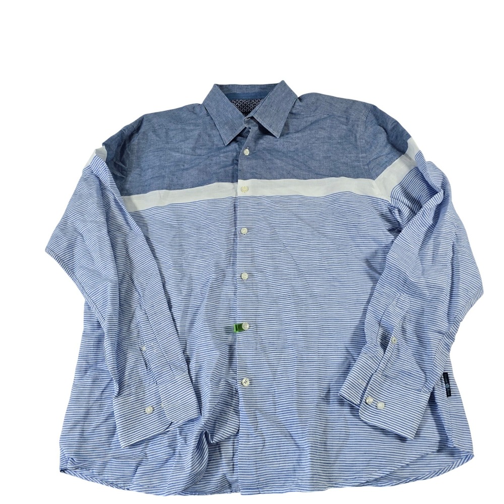 Stone Rose Mens Linen Cotton Colorblock Striped Button Down Shirt Blue PEK-6134